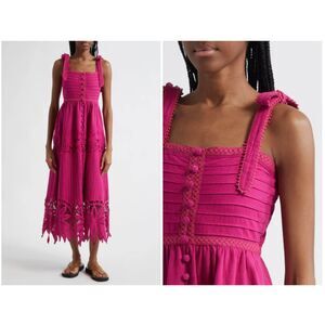 Farm Rio Women's Dark Pink Daisy Lace Detail Cotton Linen Midi Sundress Size XXS
